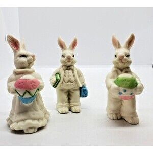 3 Bisque Family 3” Bunnies Church Picnic Eggs  Kitchy Easter Figurines Bunny